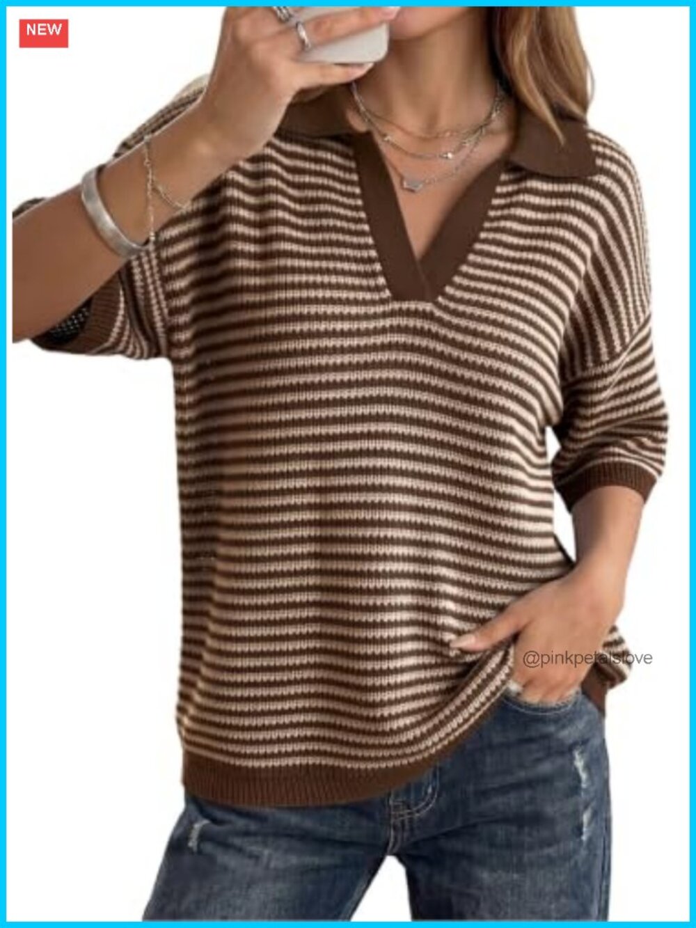 Women's Half Sleeve Striped Knit Sweater V-Neck Collared Pullover